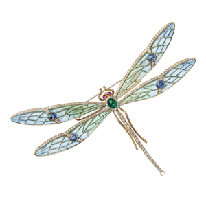 Modern Plique À Jour Enamel, Emerald, Sapphire, Diamond, Ruby And Gold Dragonfly Brooch