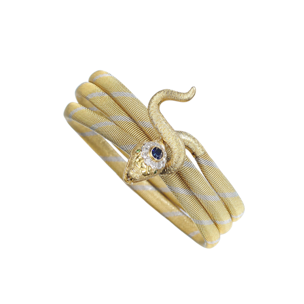 Vintage Sapphire, Diamond, Demantoid Garnet, Yellow And White Gold Snake Bangle, Circa 1965 - image 1