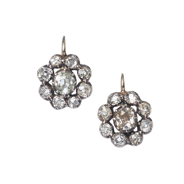 Antique Diamond and Silver Upon Gold Cluster Earrings, Circa 1880, 4.50 Carats - image 1