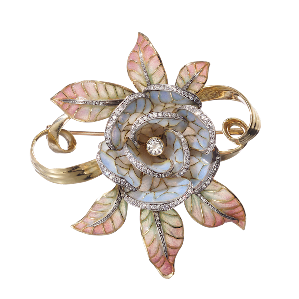 Moira Plique À Jour Enamel, Diamond, Gold And Silver Flower Brooch - image 1