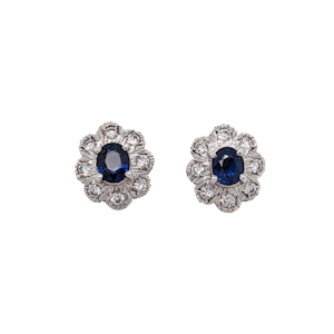 Vintage Sapphire and Diamond Cluster Stud Earrings, Circa 1960
