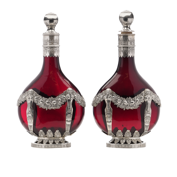 Pair of 19th century German Sliver and red glass decanters, c.1880s - image 1