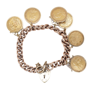 Gold Victorian curb bracelet with six Victorian shield back half sovereign coins
