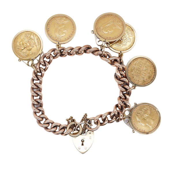 Gold Victorian curb bracelet  with six Victorian shield back half sovereign coins - image 1