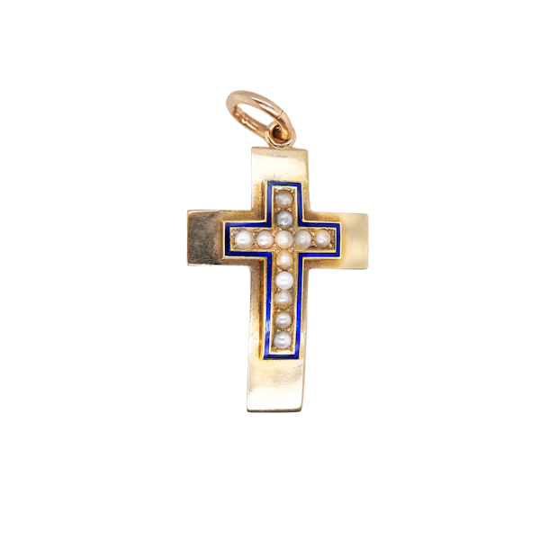 Antique 15ct. gold pearl and enamel cross - image 1
