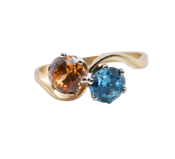 Retro 18 ct. gold crossover ring with blue zircon and golden zircon - image 1