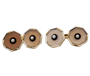 Art Deco 14 ct. gold enamel, onyx, pearl  and chrysoprase cufflinks
