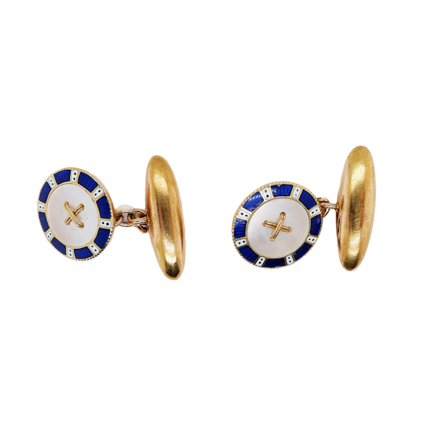 Edwardian enamel and mother of pearl 18 ct. gold cufflinks - image 1