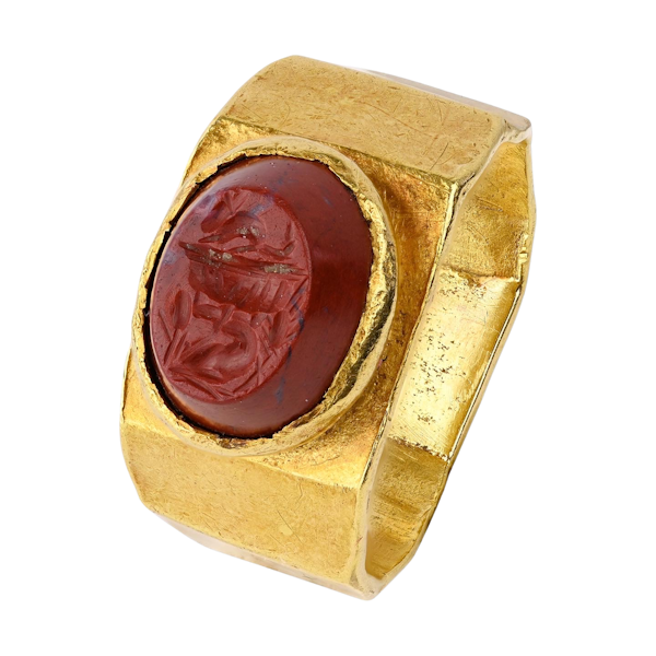 Ancient angular gold ring set with a jasper intaglio of an allegorical scene. - image 1