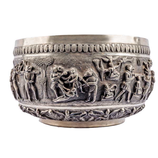A large 19th-century Indian silver bowl ornamented using repousse, chasing and engraving depicting scenes of Naraka (Hell) - image 1