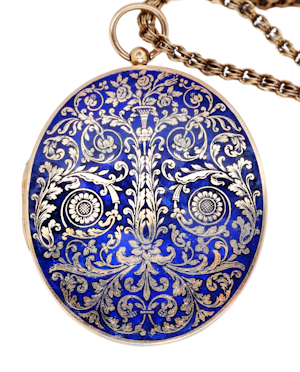 18 ct. gold large antique Swiss enamel locket on 9 ct. gold  fancy chain