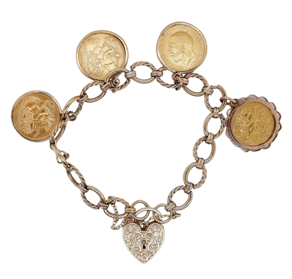 Heavy 9 ct. gold retro bracelet with four 22 ct. half sovereign coins in mounts - image 1