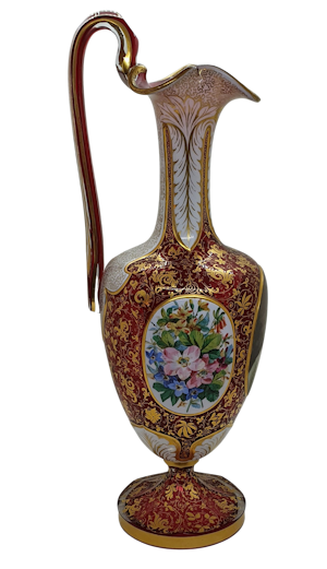 ANTIQUE BOHEMIAN OVERLAY RUBY GLASS EWER & GOBLETS EN SUITE