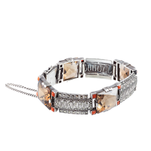 Silver Art Deco Panel Bracelet | Square-Cut Smoky Quartz & Marcasite | Germany c.1930s