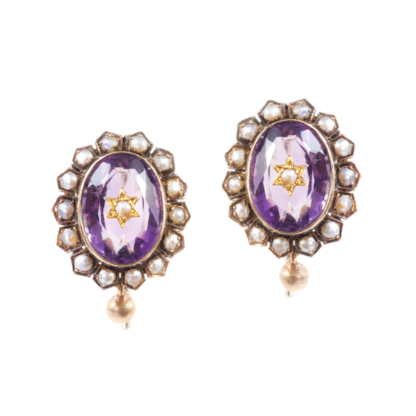 A Pair of Amethyst Pearl Gold Earrings - image 1