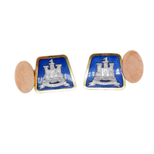 Vintage 9 ct. gold and blue enamel  large cufflinks with motto and crest