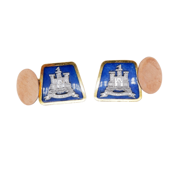 Vintage 9 ct. gold and blue enamel  large cufflinks with motto and crest - image 1
