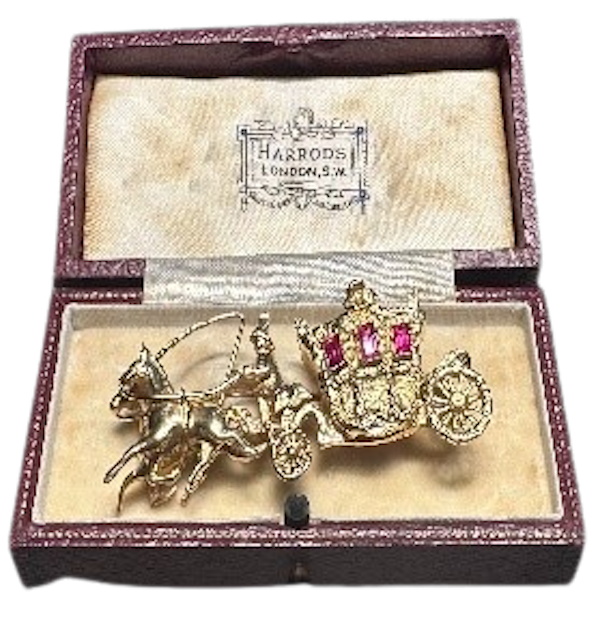 18K Yellow Gold Ruby Horse Drawn Carriage Brooch - image 1