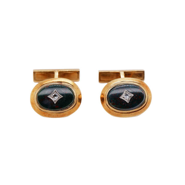 Art Deco 18 ct. gold bloodstone and diamond oval cufflinks - image 1