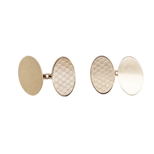 Vintage 9 ct. gold oval shape cufflinks, one side chased, other side plain