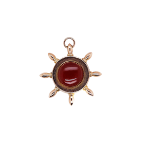 Vintage 9 ct. gold carnelian and blue enamel fob in the shape of a nautical  steering wheel