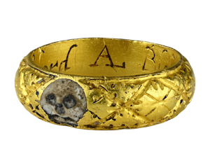 Rare gold and enamel memento mori ring. English, early 17th century.