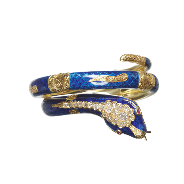 Antique Blue Enamel, Diamond, Ruby And Gold Snake Bangle, Circa 1860 - image 1