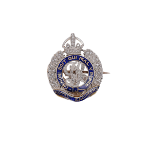 Vintage 18 ct. gold and platinum, diamonds and enamel Royal Engineers regimental brooch