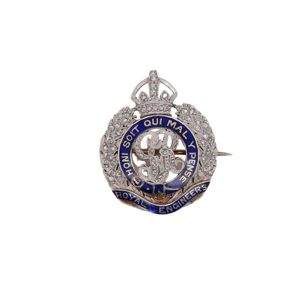 Vintage 18 ct. gold and platinum, diamonds and enamel Royal Engineers regimental brooch - image 1
