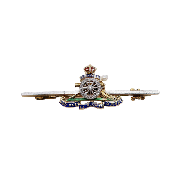 Vintage 18 ct. gold enamel and diamond Royal Artillery regimental brooch - image 1