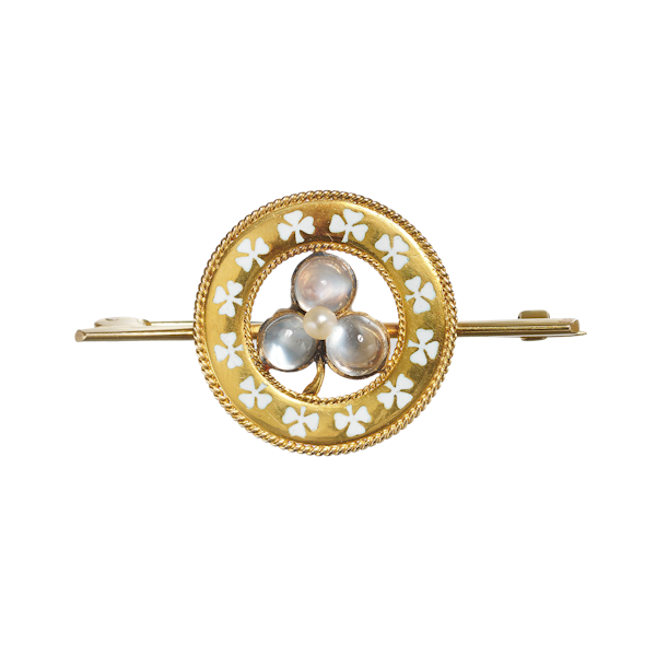 Antique Moonstone, Natural Pearl, Enamel And Gold Lucky Clover Brooch, Circa 1900 - image 1