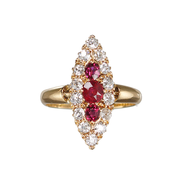 Antique Ruby, Diamond And Gold Navette Shaped Cluster Ring, Chester Hallmark, 1901 - image 1