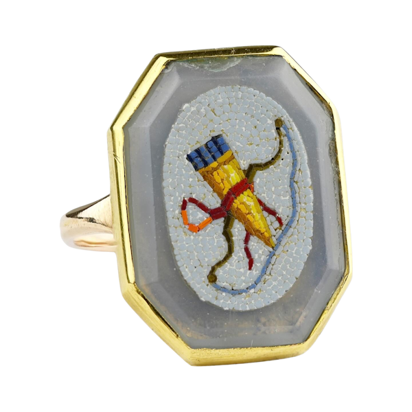 Gold ring set with a micromosaic of Cupids bow and a quiver of arrows. - image 1