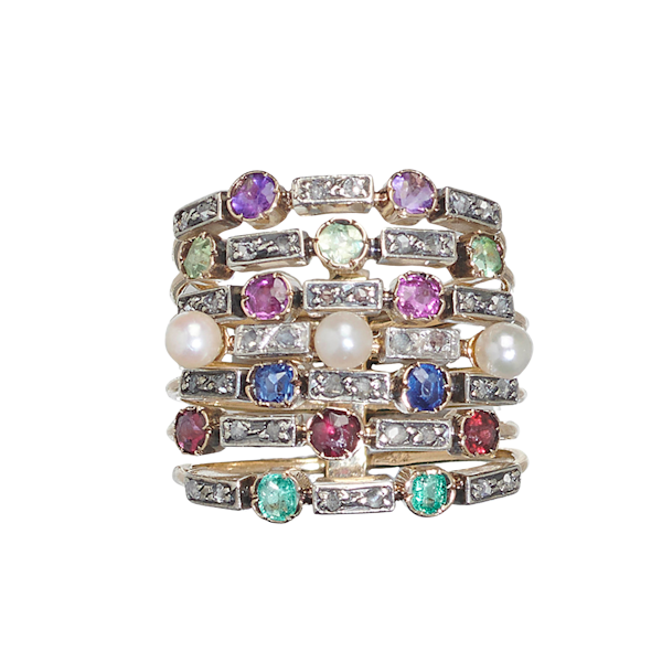 Antique Seven Row Ring With Amethyst, Peridot, Ruby, Pearl, Sapphire, Garnet, Emerald In Gold, Circa 1880 - image 1