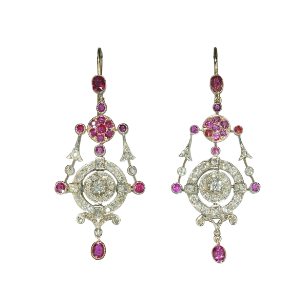 Antique Ruby, Diamond, Silver And Gold Drop Earrings, Circa 1880 - image 1