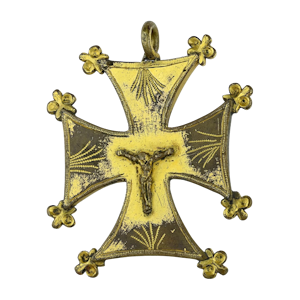 Substantial medieval gilt bronze pectoral cross. French, 15th century.