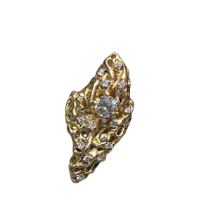 A Gold ring consisting of textured gold rods in an open lattice, scattered with 16 diamonds set in platinum.