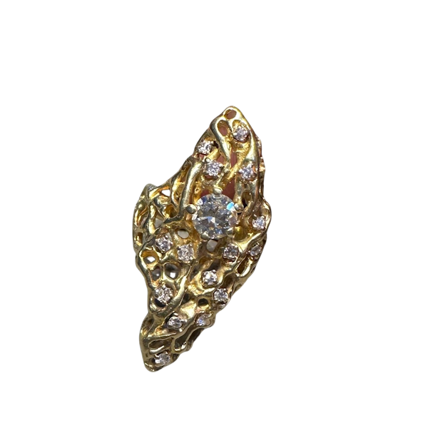 A Gold ring consisting of textured gold rods in an open lattice, scattered with 16 diamonds set in platinum. - image 1