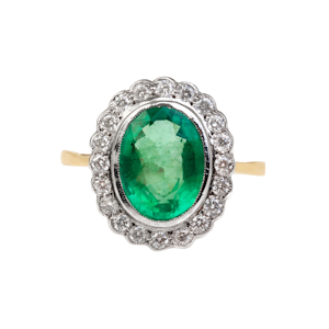 2.30ct Emerald & Diamond 18ct Gold Cluster Ring | English c.1930s
