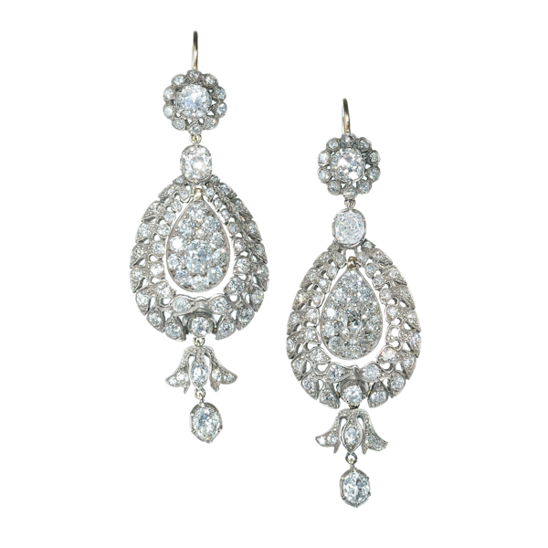 Diamond and Silver Upon Gold Antique Style Drop Earrings, 10.38ct - image 1