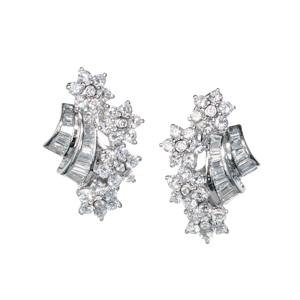 Modern Vintage Style Diamond And Platinum Floral Clip Earrings, 4.12 Carats