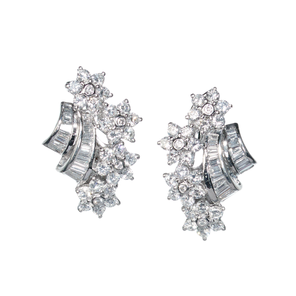 Modern Vintage Style Diamond And Platinum Floral Clip Earrings, 4.12 Carats - image 1