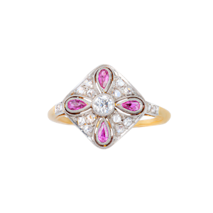 Art Deco Diamond & Ruby Ring | Floral Motif with Millegrain | English c.1920s