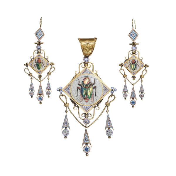 Antique Italian Micromosaic And Gold Brooch-Cum-Pendant And Earrings Suite, Circa 1870 - image 1
