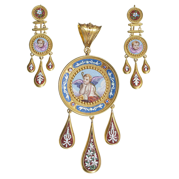 Antique Italian Micromosaic And Gold Brooch-Cum-Pendant And Earrings Suite, Circa 1850 - image 1