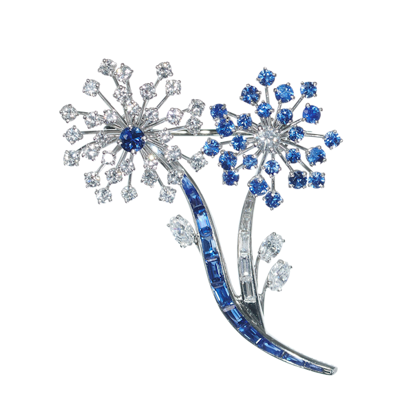 Vintage Oscar Heyman Sapphire, Diamond And Platinum Flower Brooch, Circa 1964 - image 1