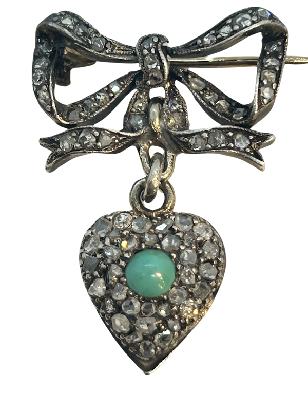 Cute Victorian French turquoise diamond heart and bow brooch at Deco&Vintage Ltd - image 1