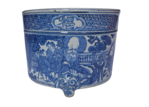A LARGE IMPOSING CHINESE MING BLUE AND WHITE 'EIGHT IMMORTALS' TRIPOD CENSER