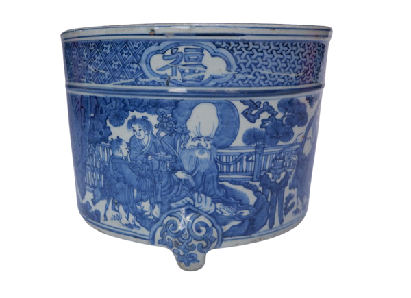 A LARGE IMPOSING CHINESE MING BLUE AND WHITE 'EIGHT IMMORTALS' TRIPOD CENSER - image 1