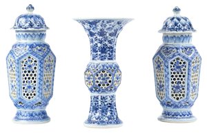 Three Rare Chinese Blue and White Double Walled Reticulated Vases